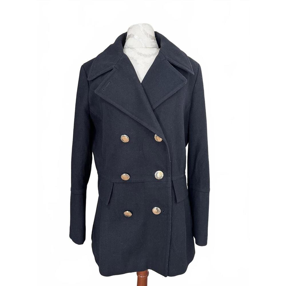 Calvin Klein's Black Double-Breasted Woman's Pea Coat with Gold Buttons- PXL